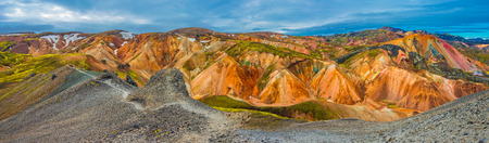 Panoramic view of colorful volcanic mountains Landmannalaugar in Iceland, summer timeの写真素材