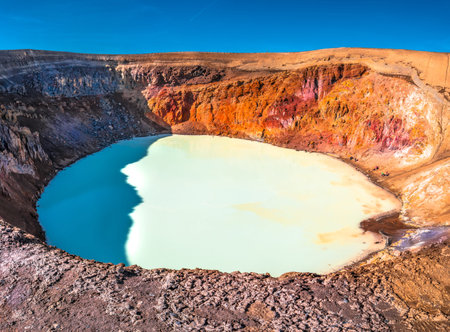 Geothermal lake Viti at the crater of Askja, Iceland, summer, 2017の写真素材