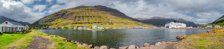 Panoramic view of Seydisfjordur harbor on Iceland, summer timeの写真素材
