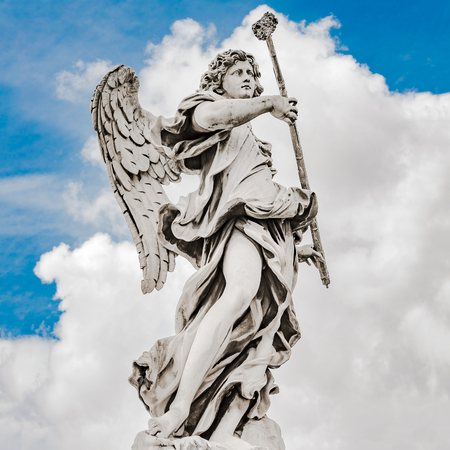 Holy angel at Bridge Saint Angelo, Rome, Italy, dramatic viewの写真素材