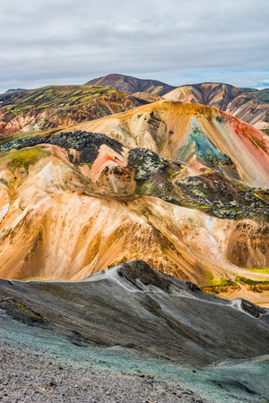 Beautiful colorful volcanic mountains Landmannalaugar in Iceland, summer time, panoramaの写真素材