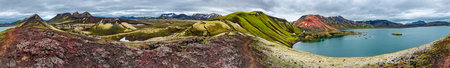 360 degrees panoramic view of colorful rhyolite volcanic mountains Landmannalaugar, Frostastadavatn...