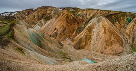Panoramic view of colorful rhyolite volcanic mountains Landmannalaugar as pure wilderness in...
