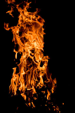 Vibrant flames of a bonfire at night in summer.の写真素材