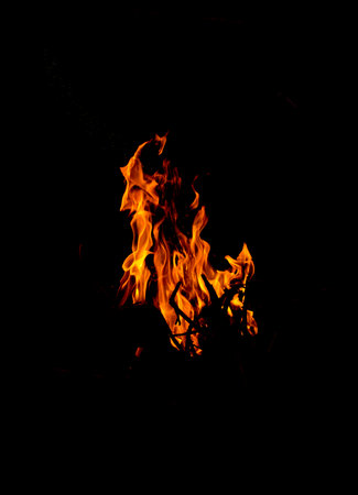 Vibrant flames of a bonfire at night in summer.の写真素材
