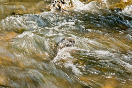 Long exposure of a rushing stream with water flowing over rocks