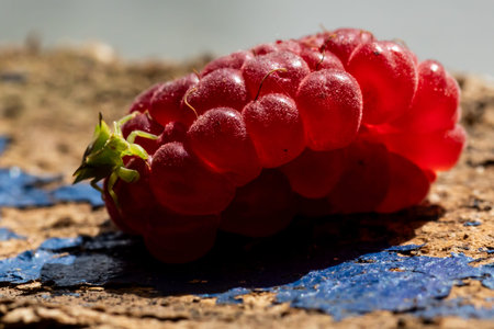 Ambush bug nymph on a ripe raspberry on a wooden surface. Close up. Selective focus.