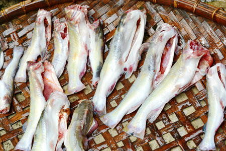 pile of dried fishs of local food at open market Thailand