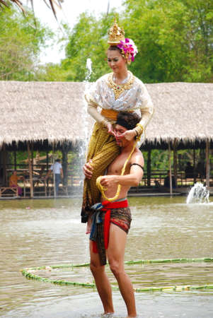 AYUTHAYA, THAILAND  : Unidentified Thai dancers perform the Thai literature called "Manora" at Ayutthaya Klong Sa Bua & Water Theater in Ayuthaya, Thailand.のeditorial素材
