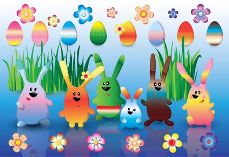 Easter set of colorful rabbits, eggs and flowersのイラスト素材
