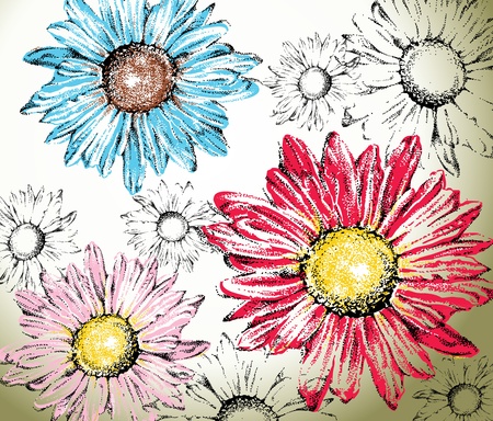 Hand drawn flowers background, easy coloring daisiesのイラスト素材
