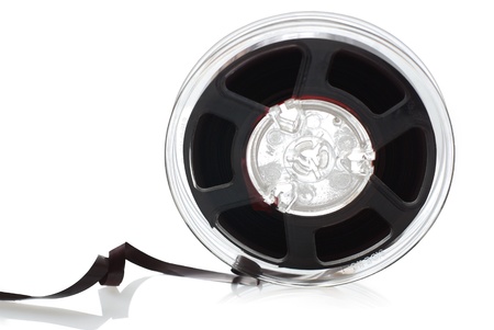 Vintage reel of audio tape isolated on white backgroundの写真素材