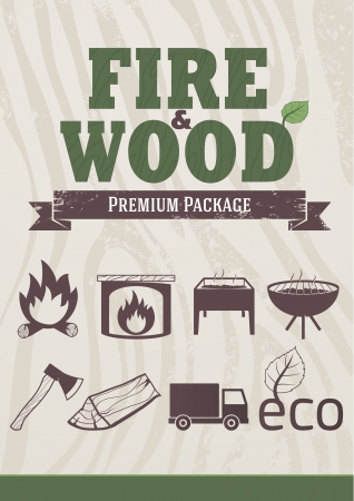 Fire and wood concept, retro-styled icons, design elementsのイラスト素材