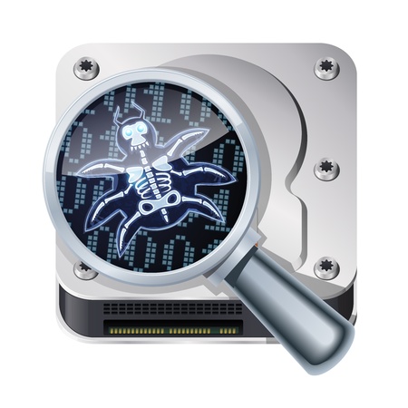 Bug search. Cartoon computer bug or virus under magnifier.のイラスト素材