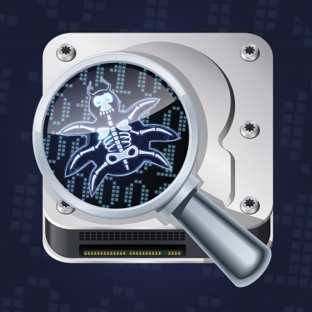 Bug search. Cartoon computer bug or virus under magnifier.のイラスト素材