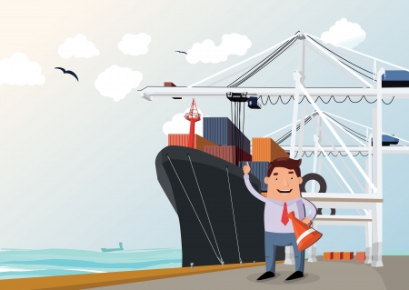 Cargo ship in port, figure of man in frontのイラスト素材