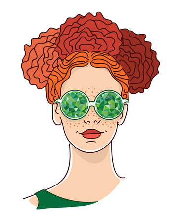 Young woman with red hairs and kaleidoscopic glassesのイラスト素材