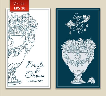 Elegant greeting or invitation card template, front and back. Pattern with antique flowerpot full of white lilies.のイラスト素材