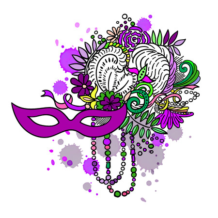 Carnival elements. Mask with feathers, beads and flowers. Watercolor blots and stains in backgroundのイラスト素材
