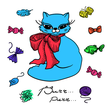 Cat with toys. Set of hand drawn lements.のイラスト素材