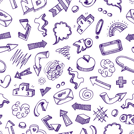 Seamless pattern with hand-drawn doodles. Sketched arrows, bubbles etc.のイラスト素材