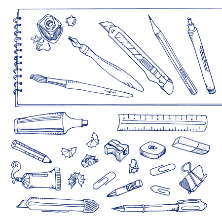 Writing tools - handdrawn set, outline objectsのイラスト素材