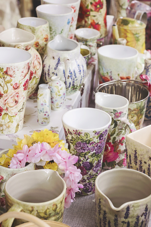 Decoupage technique pottery, handcrafted mugs and vasesの写真素材