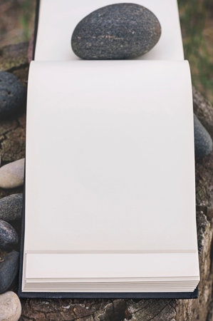 sketch book, stones on weathered wood, mock up