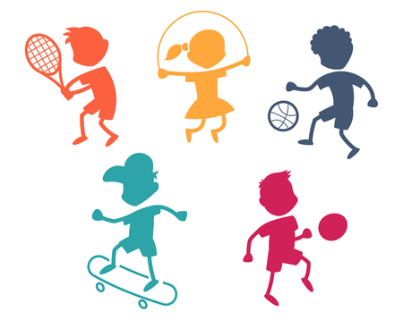 Cartoon sport icons - playing kids silhouettes - colorのイラスト素材
