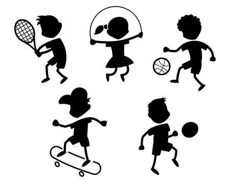 Cartoon sport icons - playing kids silhouettes - blackのイラスト素材