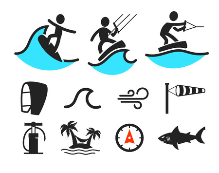 Summer water sport pictograms. Black people silhouettes and additional elementsのイラスト素材