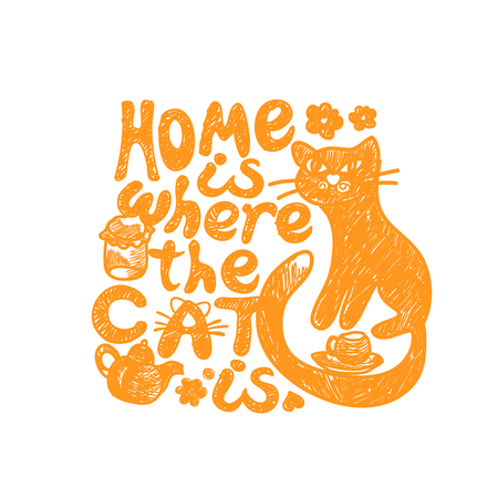 Home is where the cat is. Grunge hand drawing, lettering.のイラスト素材