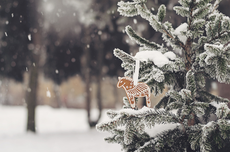 Snowy scene with snow-covered fir-tree with one gingerbread cookie. Old film filter.の写真素材