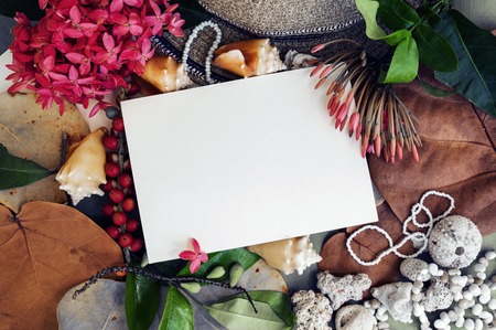 Empty paper note, view from above, framed sea shells, tropical flowers, leaves, berries. Caribbean vacation theme. Toned.の写真素材