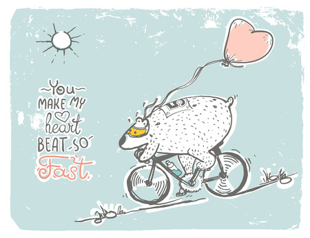 Bear on bike with balloonのイラスト素材