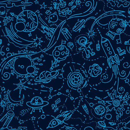 Seamless pattern - space objects in doodle cartoon style. Free hand drawingのイラスト素材