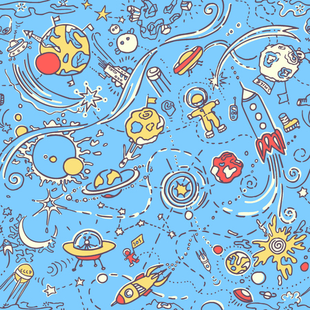 Seamless pattern - space objects in doodle cartoon style. Free hand drawingのイラスト素材