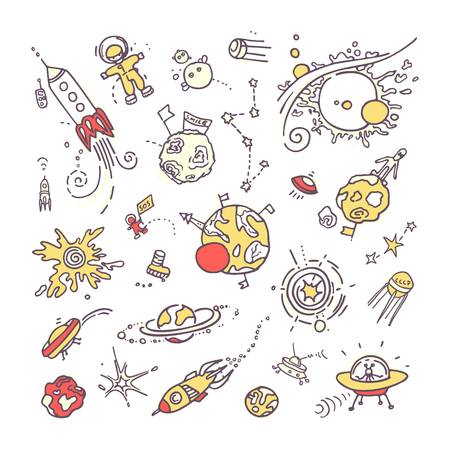 Space doodles. Collection of funny free hand drawing of different space, universe real or unreal objects and creatures.のイラスト素材