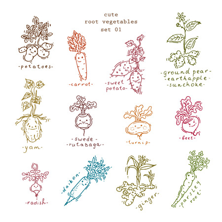 Set of cute smiling root vegetablesのイラスト素材