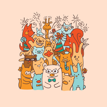 Free hand drawing of group of joyful animal friendsの写真素材