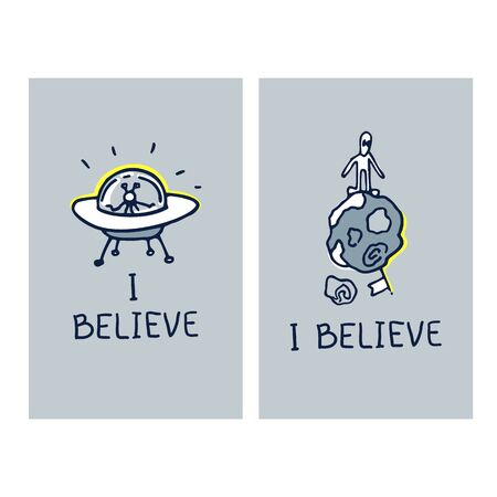 Free hand drawing - two posters with alien spaceship and planetの写真素材