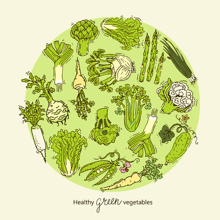 Green vegetables collection in circular formのイラスト素材