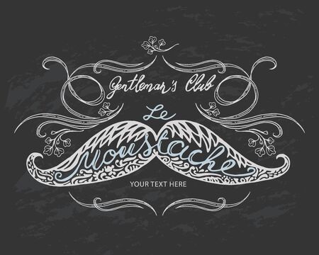 Hand drawn mustache with lettering and vignettes. Teplate for business card, label or poster.のイラスト素材