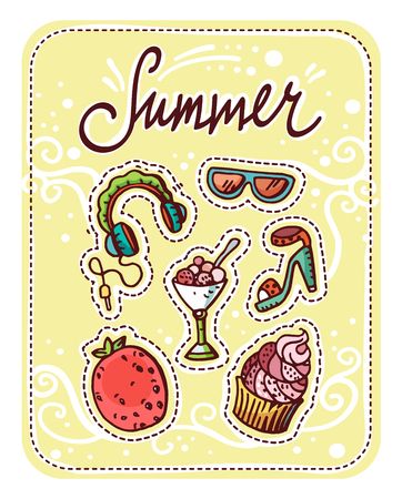 Summer doodle set. 5 hand-drawn objects, patch style design. Lettered word Summer.のイラスト素材