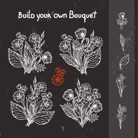 Hand drawn flower bouquets. Hand drawn elements for flower arrangements making.のイラスト素材
