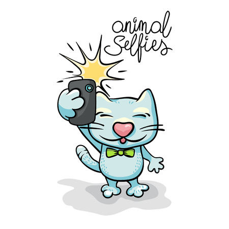 Cartoon cat character taking selfie photo on smart phone. Vector flat illustration. Hand-drawn illustration.のイラスト素材