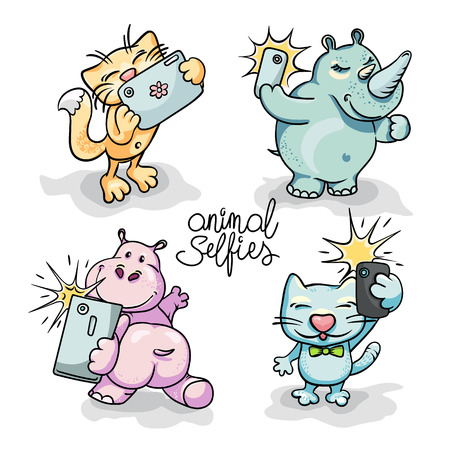Set of four cartoon animals taking selfie on smart phone. Vector hand-drawn illustrationのイラスト素材