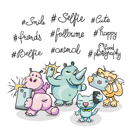 Set of four cartoon animals taking selfie on smart phone. Vector hand-drawn illustrationのイラスト素材