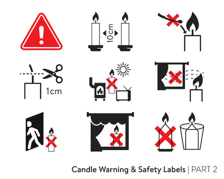 Candle Safety Sticker. Labeling for wax candles. European candle safety standards. Fire-safety labelのイラスト素材