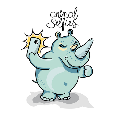 Cartoon rhino taking selfie photo on smart phone. Vector flat illustration. Hand-drawn illustration.のイラスト素材
